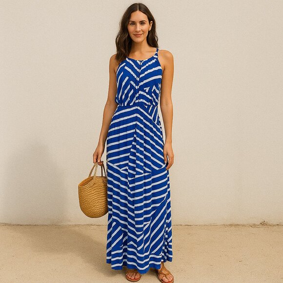 Chico's Dresses & Skirts - CHICO’S Striped Halter Maxi Dress Stretchy Beachy Blue White Size 1 (US 8-10)